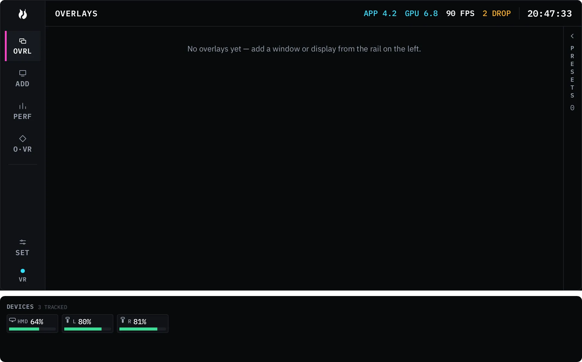 The Dash, showing the rail down the left with OVRL, ADD, PERF and O·VR tabs, and the settings tab pinned at the bottom.