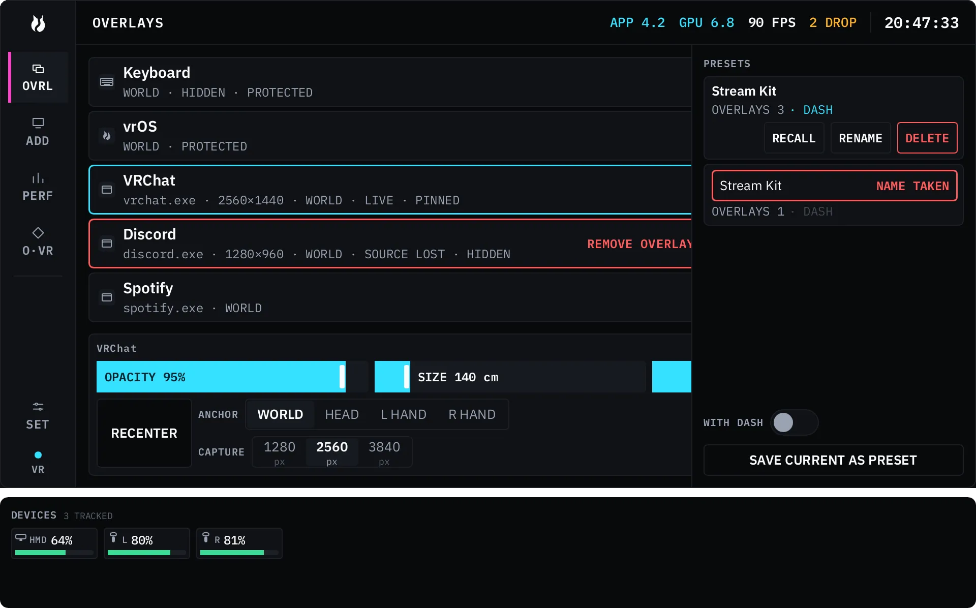 The Overlays area: a list of captured panels, each row with its own quick cluster of show/hide, pin, lock, passthrough and kill controls, and a detail card for the selected panel.
