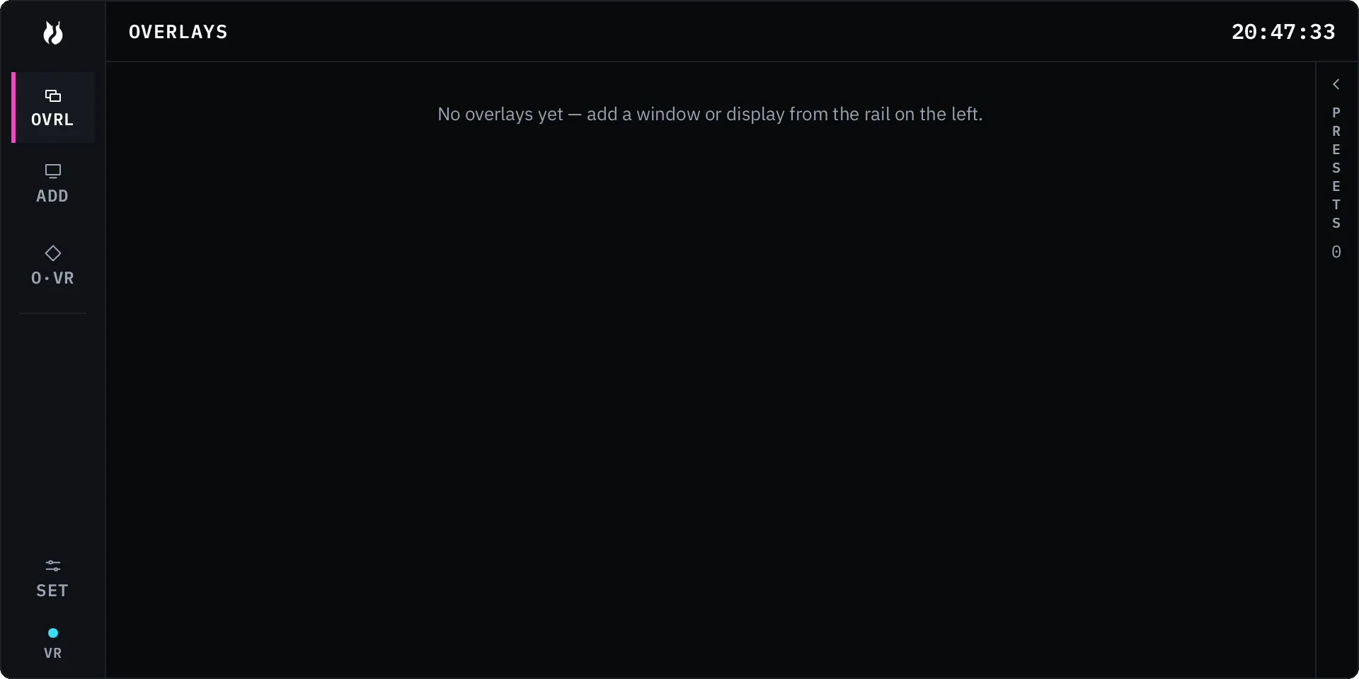 The recovery surface, offering to restore overlays after the compositor restarted.