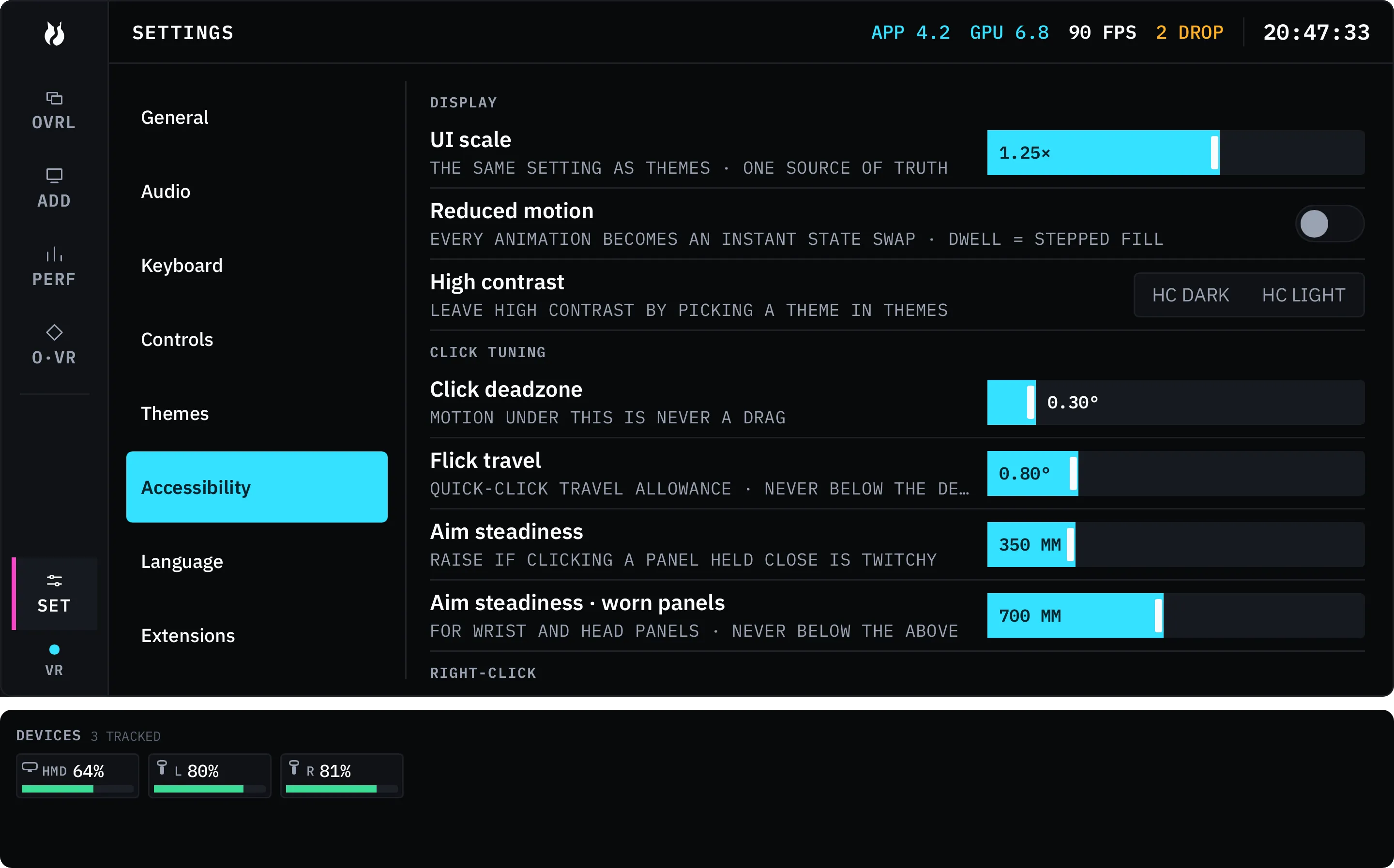 The Accessibility pane at 1.5x UI scale, every control and label proportionally larger.