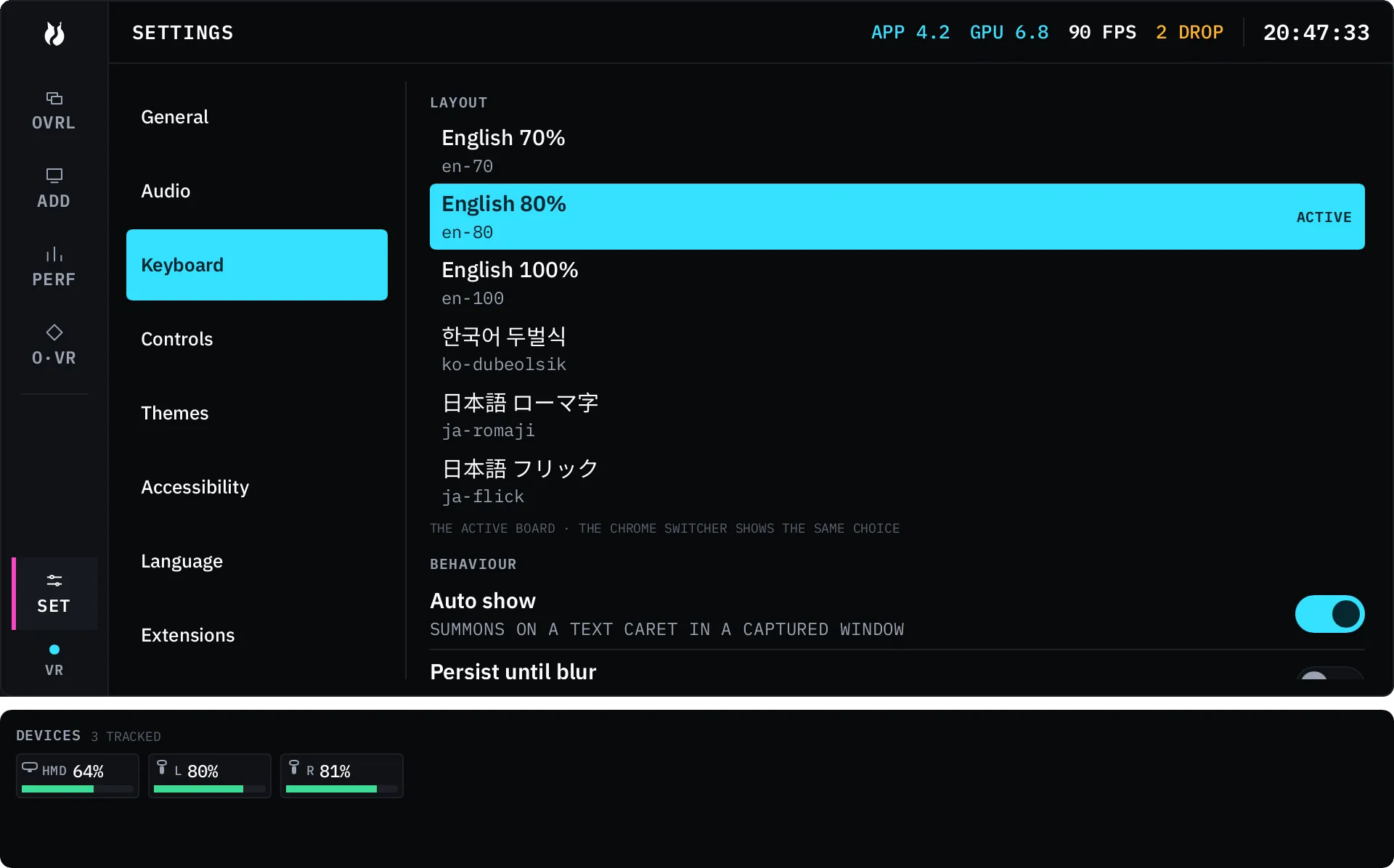 The Keyboard settings pane, listing the built-in board presets.