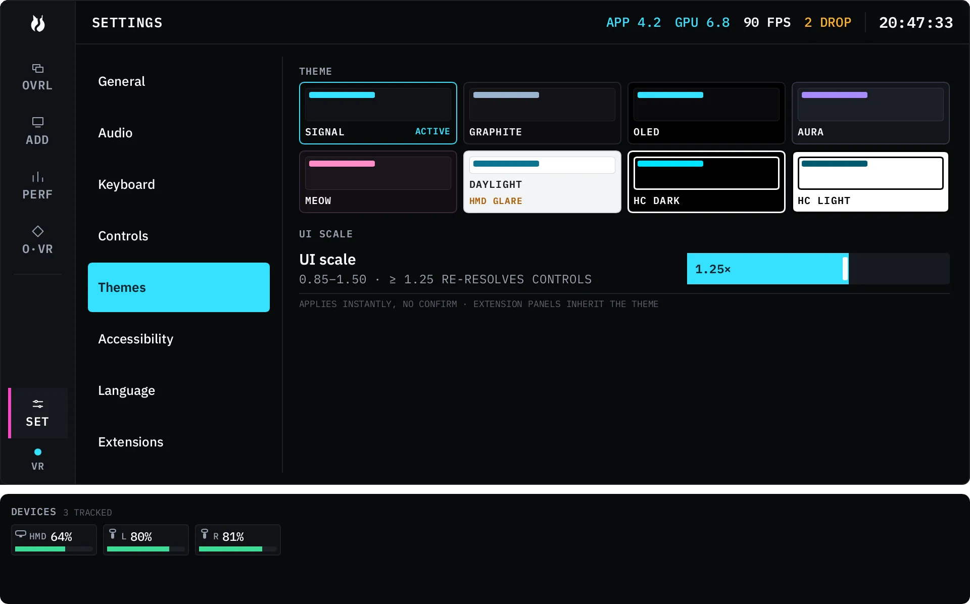 The Themes pane showing the eight built-in themes as selectable swatch cards.