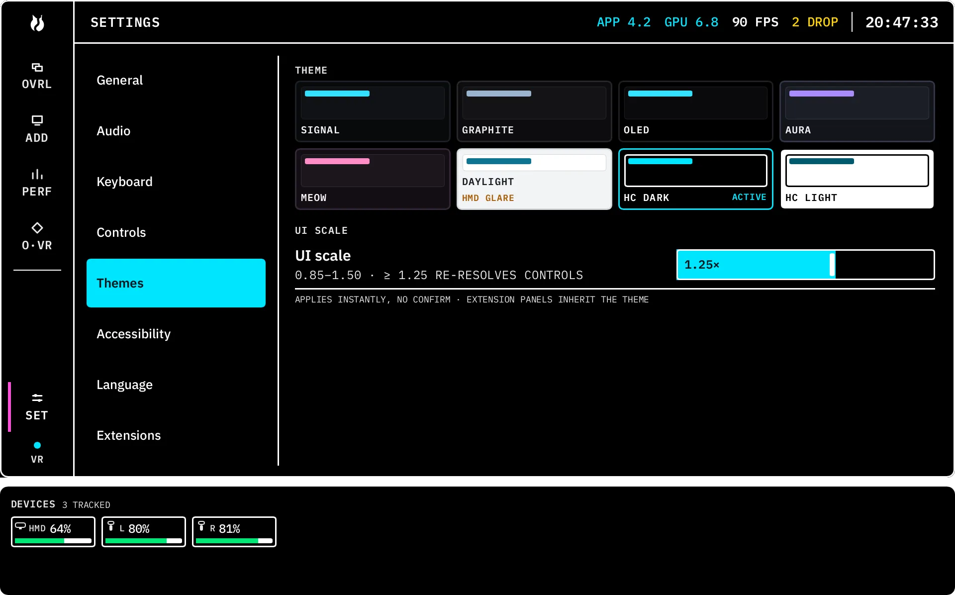 The Themes pane rendered in HC DARK: pure black behind white text, with heavier borders than the other themes.